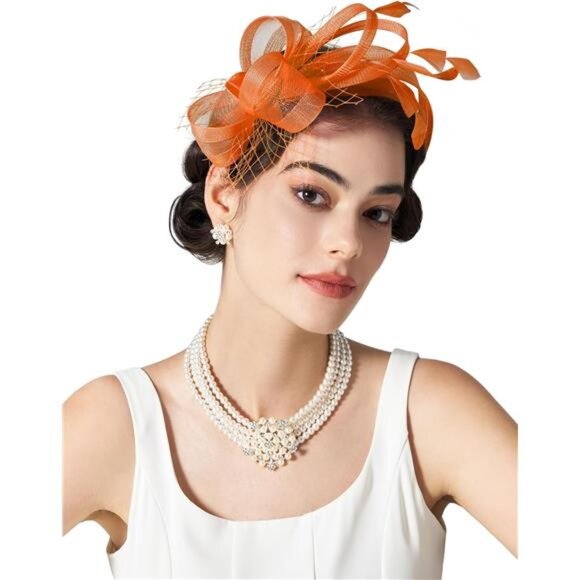 Fascinators Headband with Feather, Orange - Picture 1 of 6